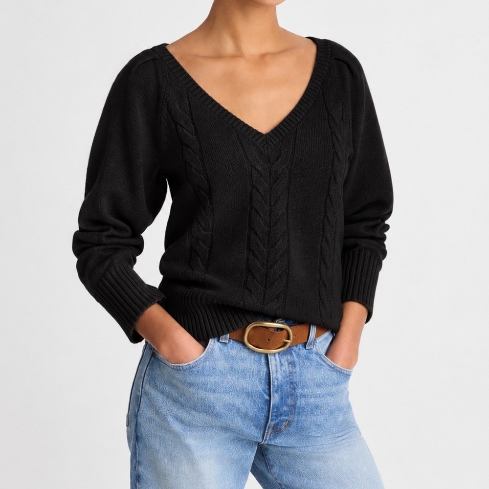 Madewell V Neck Pullover Sweater Merino Wool Black Cable Knit Puff Sleeve Medium
